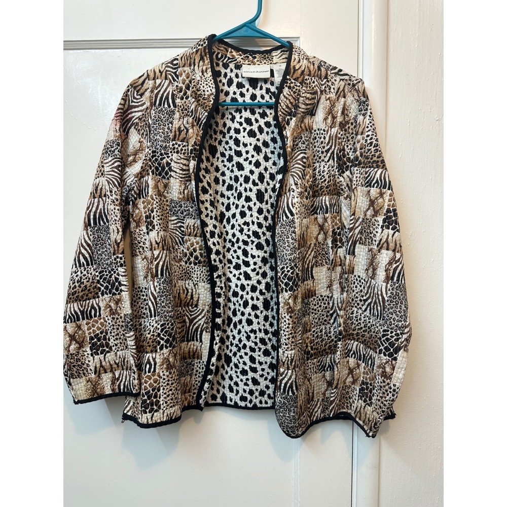 Alfred Dunner Animal Print Patchwork Quilted Jacket Women 16 Brown Zebra Leopard